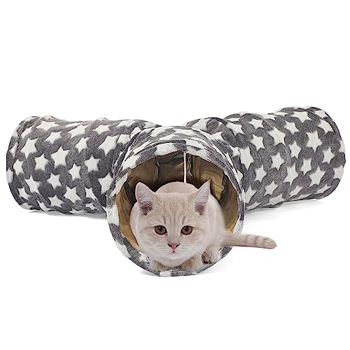 Image of Cat Tunnel Toy- 3 Way-Shaped, Gray Star Pattern, Soft Velvet Exterior, Oxford Fabric Fog-Proof Interior, Plush Toy Ball, Easily Washable, Conveniently Foldable