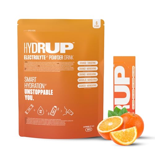 HYDRUP - Electrolitos Sin Azúcar en Polvo 1733 mg - Hidratación y Energía al Instante con Vitaminas B y C - Sabor Naranja - Paquete Resellable con 6 Sobres de 14 Gramos - Sin Gluten ni Lactosa