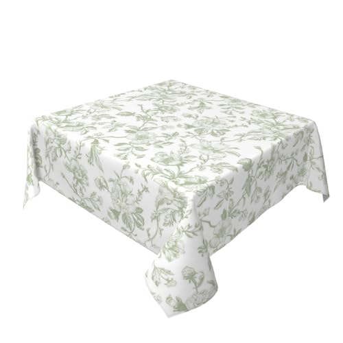 Sage Green Floral Square Tablecloth 54x54 Inch Chinoiserie Flower Toile Light Green Table Cloth Vintage Polyester Fabric Farmhouse Square Floral Table Cover for Party Picnic Kitchen Outdoor Decor
