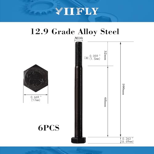Image of M10x1.5 x 100mm Hex Head Screws Bolts, 12.9 Grade Alloy Steel, Hexagon Head Bolts, Black Oxide Finish, Half Thread, Quantity 6