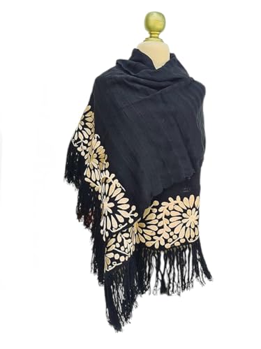La Santa Art Mx Rebozo Mexicano Bordado Floral. Mexican embroidered shawl. handmade rebozo made from a loom. Mexican handmade floral embroidered rebozo, Christmas gift (Black/gold)2