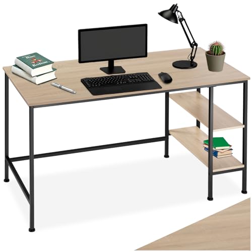 tectake® Industrial Schreibtisch mit Stauraum, Gaming Tisch mit 2 Regalfächern, Computertisch, Bürotisch, PC Tisch, Möbel für Büro und Office, 140 x 60 x 76,5 cm - Industrial Holz hell, Eiche Sonoma
