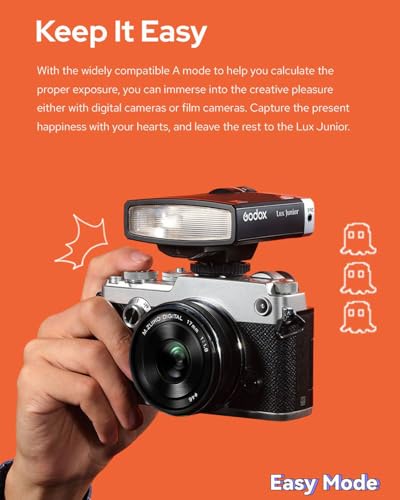 Image of Godox Lux Junior Retro Camera Flash with PC sync Ports (Black, 4.6oz) | GN12, 1 /1-1 /64 Flash Power, Auto&Manual Modes, 6000±200K, 28mm Focal Length with Sync Cable for Canon Nikon Sony Fuji Olympus