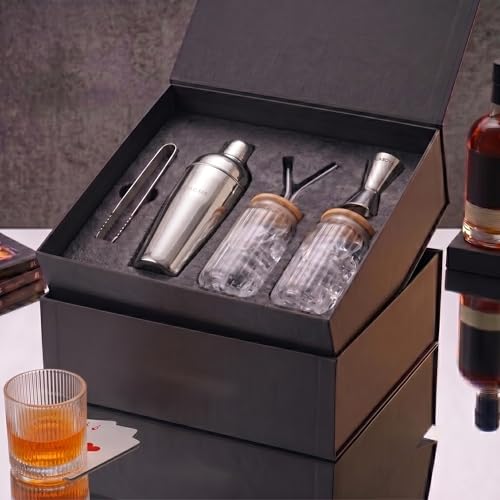 Image of Car-O-Bar Silver Bar Set with Glasses Gift Set | 5 Pieces Bartender Kit: Cocktail Shaker, Jigger, Ice Tong, Set of 2 Cocktail Sippers