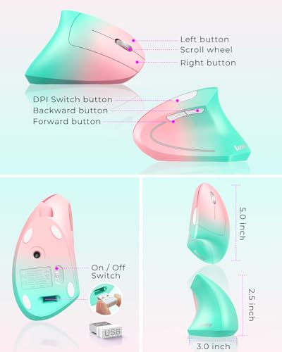Lekvey Ergonomic Mouse, Vertical Wireless Mouse, Rechargeable 2.4G Optical Carpal Tunnel Mice with USB Receiver: 1000/1200 / 1600 DPI, 6 Buttons, for Laptop, Computer, PC, Desktop, Pink Green