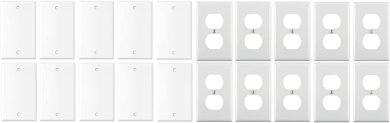 RiteAV No Device Wall Plate, Blank Receptacle Duplex Outlet Cover, Combo Pack, Standard-Sized 1-Gang - White (20 Pack - 10 Pieces of Each Type)