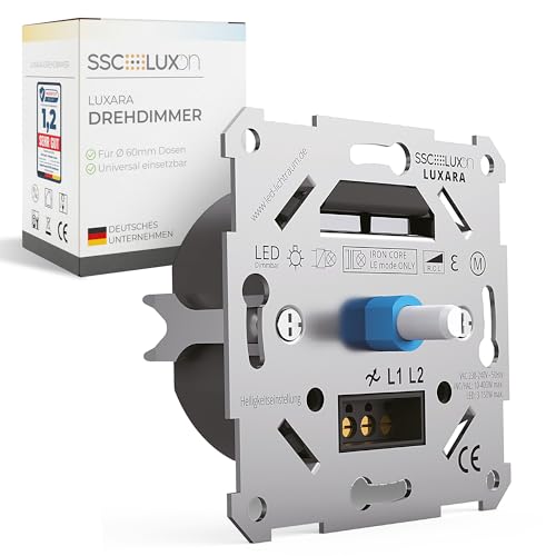SSC-LUXon LUXARA Universeller LED Drehdimmer Unterputz Dimmschalter Lichtschalter für dimmbare LED Lampen 3-150W 230V - Unterputzdosen Dimmer inklusive Adapter