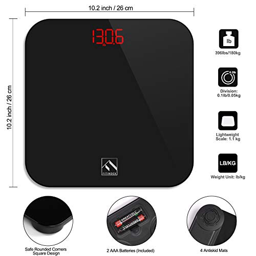 FITINDEX Smart Digital Body Weight Scale, BMI Bathroom Scale with Smartphone App, Step-on Technology, Sturdy Tempered Glass