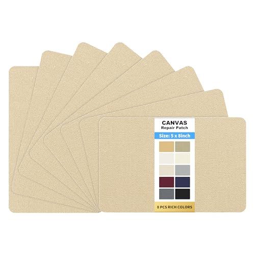 KING MOUNTAIN Canvas Repair Patch 5×8 Inch 8 Pcs Self-Adhesive Waterproof Fabric Patch for Sofas, Tents, Furniture,Tote Bags, Car Seats (Khaki)