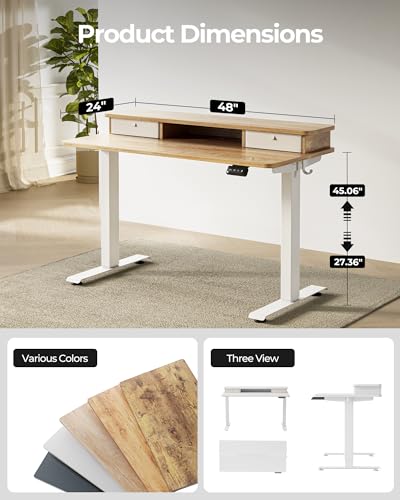 Image of FEZIBO 48 x 24 Inch Height Adjustable Electric Standing Desk with Double Drawer, Stand up Home Office Computer Desk with 4 Height-Adjustable Feets & 2 Hooks,Maple