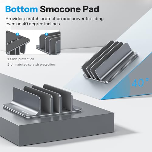 Image of OMOTON Vertical Laptop Stand [Updated 3-Slots Version], Desktop Aluminum Mac Book Stand with Adjustable Dock Size, Fits All Mac Book, Surface, Chrome Book and Gaming Laptops (Up to 17.3 inch), Grey