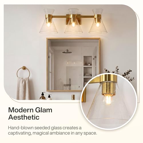 Tribesigns Bathroom Light Fixtures, 3-Light Bathroom Vanity Lights Over Mirror with Clear Seeded Glass Shade, Modern Brushed Gold Wall Sconces, Damp-Rated, E26 Base by Tribesigns - Used condition - Image 6