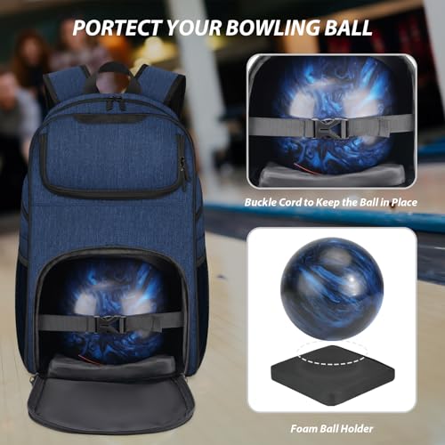 Bosynoy Bowling Backpack, Bowling Ball Bag Tote for Single Ball with Shoe Compartment & Foam Padded, Fits Shoes Up to US Mens Size 16, Blue by Bosynoy - Image 3
