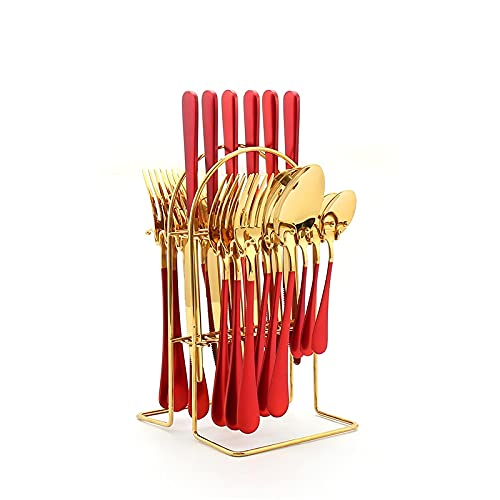 Juego de Cubiertos de Acero Inoxidable, 24 Piezas, Caja de Regalo, Mango de Color de Lujo, Tenedor, Cuchara y Cuchillo. Apto para lavavajillas (Rojo Dorado).