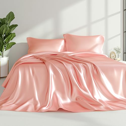 Love's cabin California King Satin Sheet Sets - 4 Piece Coral Silky Sheets Bed Set with Deep Pocket, Luxury Silk Feel Satin Cal King Sheet Set (1 Flat Sheet,1 Fitted Sheet,2 Pillow Cases)