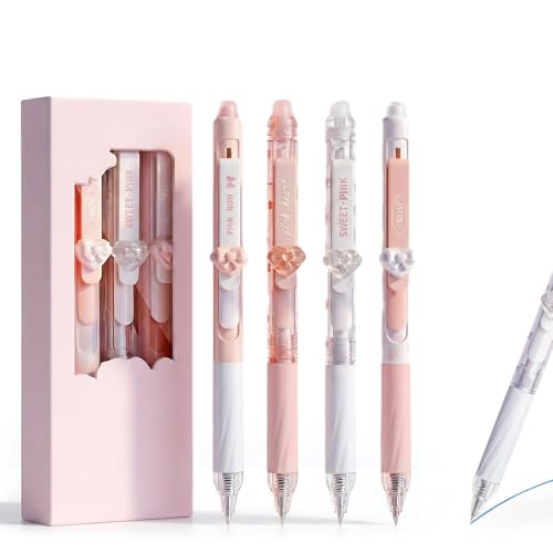 VYNZOR 4er-Pack radierbare Kugelschreiber, radierbare Gelstifte, Kugelschreiber mit Druckmechanik und Durchschlagstifte (niedliches Erdbeermuster)