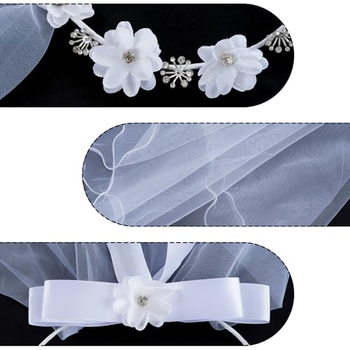 Lystaii Girls First Communion Veil White Bowknot Crystal Rhinestone Floral Veil Holy Communion Flower Crown Hair Wreath for Wedding Party - Thumbnail 3