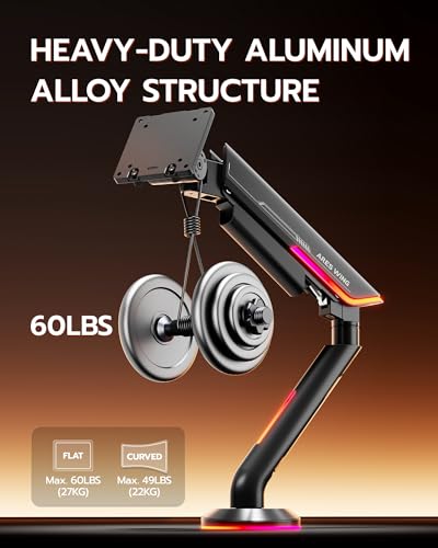 Image of Single Gaming Monitor Arm for 24 inch-57 inch Screens with RGB, Up to 60 lbs, Black | Full Motion Computer Monitor Mount, Heavy Duty Gas Spring Desk Stand with VESA 75x75 to 200x200, with C Clamp, Grommet Base