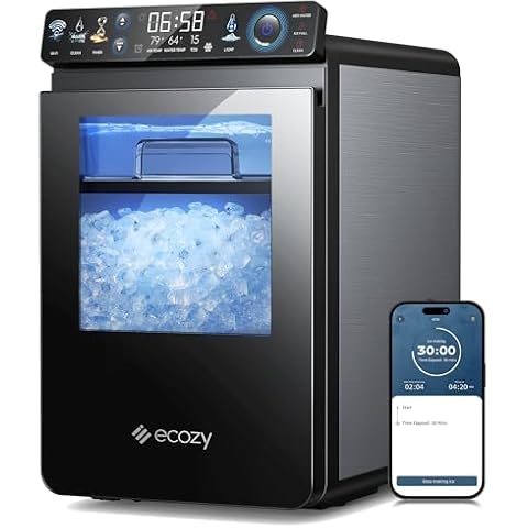 ecozy Smart Nugget Ice Maker Countertop, First Full-Color Smart Panel Ice Machine with APP Control, Double-Layer Insulation, 44 lbs/24H Soft Pellet Chewable Ice, Pull-Out Water Tank, Self-Cleaning Cover