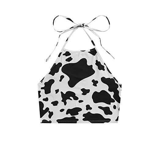 Verdusa Women's Cow Print Sleeveless Backless Tie Knot Halter Cami Crop Top Black and White L