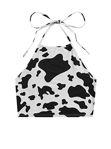 Verdusa Women's Cow Print Sleeveless Backless Tie Knot Halter Cami Crop Top Black and White S
