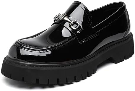 XENTORD Men's Patent Leather Platform Loafers Comfort Non-Slip Lug Sole Slip-On Dress Shoes with Metal Horsebit Detail for Business Office & Casual
