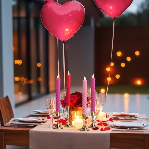 Image of Baquler 6 Pcs Flameless Taper Candle Pink and Red Twisted LED 9.65 Inch Taper Candles Battery Operated Twisted Candlestick for Spring Birthday Home Party Dinner Table Decor