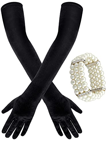 Zhanmai 3 Pieces Long Velvet Opera Gloves and Pearl Bracelet Set for Women 1920s Evening Party Cosplay(Black)