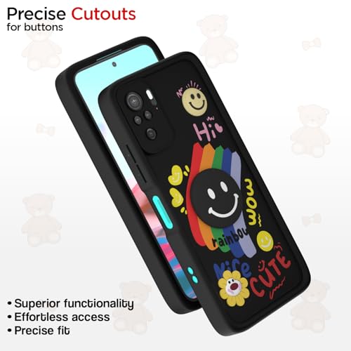 Image of Pikkme Back Cover for Redmi Note 10 / Note 10s / Note 11 SE | Soft Silicone| Cute Rainbow Smile & 3D Cartoon Flower Design | Shockproof Raised Camera Protection Bumper Case (Black)