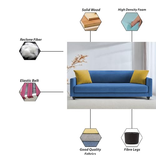 Image of Casaliving Dominic 3 Seater Sofa Set for Living Room (Blue Fabric) Premium Fabric Sofa