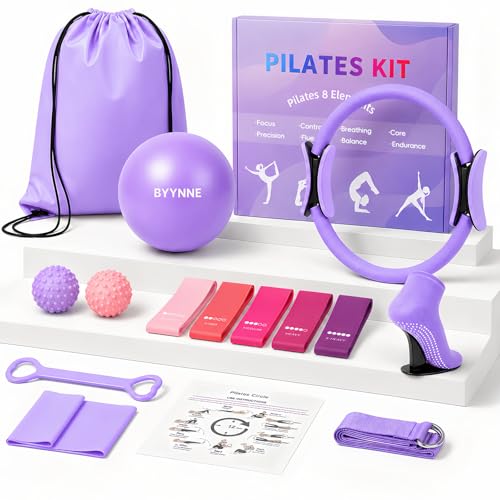 BYYNNE Home Pilates Kit for Women - 14 Pcs Pilates Equipment Set with Pilates Ring and Ball, 5 Resistance Bands Etc Accessories for Beginners Home Workouts - Includes Workout Guide (Purple) - image 1