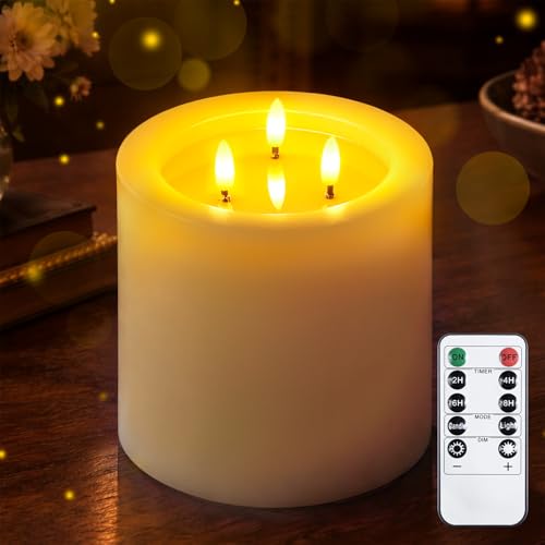 Yeelida 3-Docht 15x15cm große flammenlose LED-Kerzen mit Fernbedienung und Timer-Funktion, Weiß batteriebetriebene Säule flackernde Echtwachs-3D-Docht-Kerzen