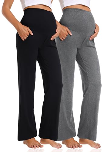 Foucome Women's Maternity Pants Casual Loose Wide Leg Cozy Pant Pregnancy Palazzo Lounge Trousers with Pockets