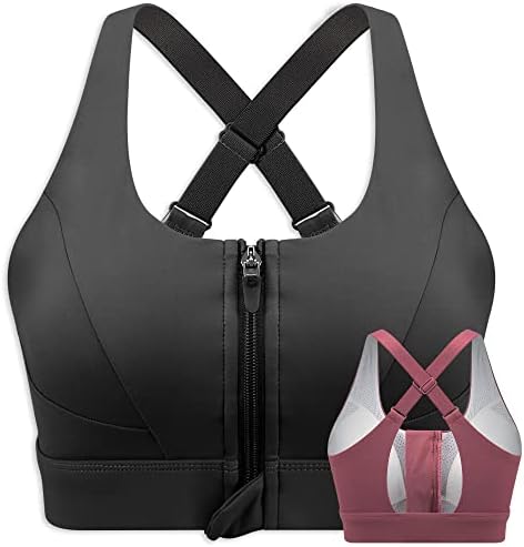 Cordaw Zipper in Front Sports Bra Molded Cup Workout Bra Medium Impact High Support Running Bra Adjustable Straps, Black XL