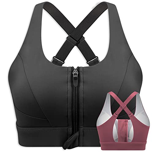 Cordaw Zipper In Front Sports Bra Molded Cup Workout Bra Medium Impact High Support Running Bra Adjustable Straps, Black Xl #TOP21