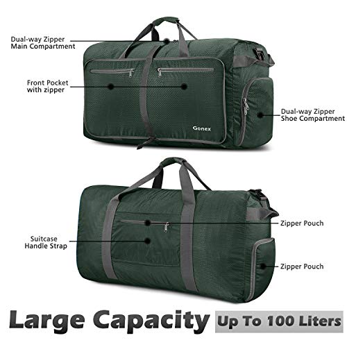 Gonex 100L Foldable Travel Duffel Bag for Luggage Gym Sports, Lightweight Travel Bag with Big Capacity, Water Repellent (Dark green)