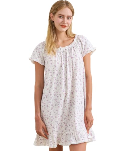 Image of Nanxson Women's Cotton Nightgown Short Sleeve Sleepwear Vintage Nightshirt | Summer Victorian Sleepdress,White Sleepshirt,U Neck Lace Loungewear,Soft Nightshirt,Loose Loungedress,Bride Nightwear