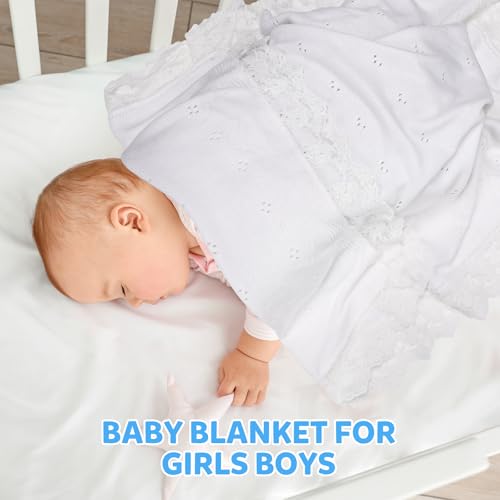 Image of Baby Blanket White Lace Knitted Crochet Towel Baptism Christening First Communion Gifts for Girls Receiving Blankets for Neutral Newborns Toddler