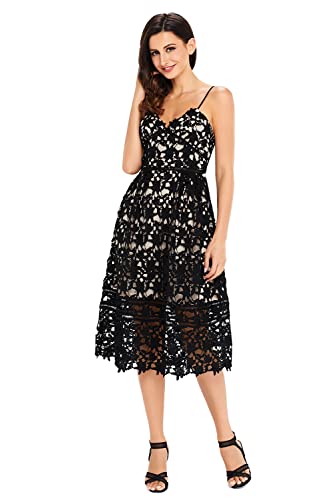 Alvaq Women's Summer Sexy V Neck Sleeveless Lace Hollow Formal Evening Casual Midi Dress Wedding Black,Medium