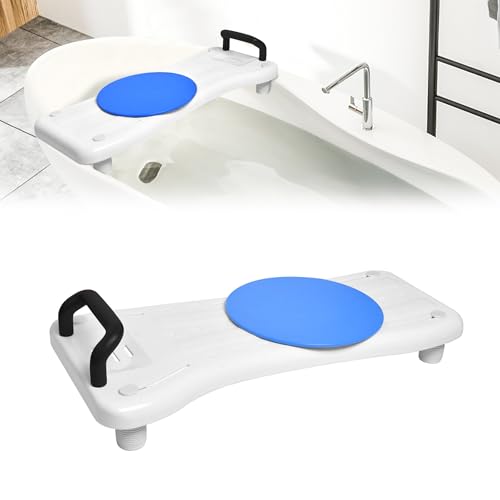 UISEBRT Planche de bain avec plaque tournante, siège de baignoire pour personnes âgées, siège de baignoire avec poignée et porte-savon, longueur 70 cm, blanc et noir