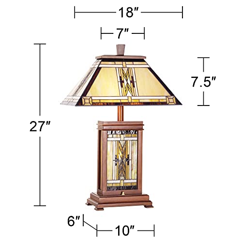 Robert Louis Tiffany Walnut Mission Collection Rustic Table Lamp With Nightlight 27" Tall Wood Base Tiffany Style Antique Stained Art Glass Shade For Living Room Bedroom House Bedside Nightstand #TOP3