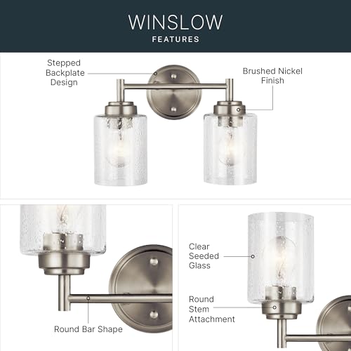 Image of Kichler Winslow 12.75 inch Vanity Light in Brushed Nickel, 2-Light Transitional Bathroom Light with Clear Seeded Glass. (12.75 inch W x 9.25 inch H), 45885NI