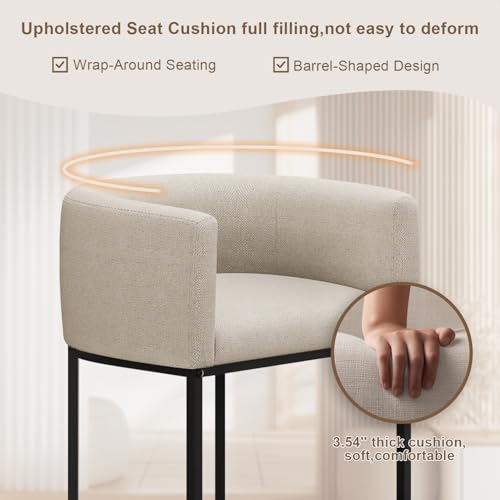 VATROS 26" H Counter Height Bar Stools Set of 1, Modern Barrel Counter Stools with Backrest and Arms, Linen Fabric Upholstered Accent Barstools for Kitchen Island,Support 450 LBS (Beige)
