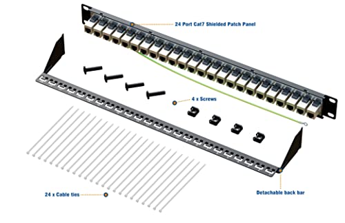 iwillink 10Gbps Cat7 Patch Panel 24 Port, RJ45 Through Coupler 1U Shielded Patch Panel STP 19-Inch with Back Bar, Wallmount or Rackmount, Compatible with Cat5e, Cat6, Cat6A, Cat7 Cabling