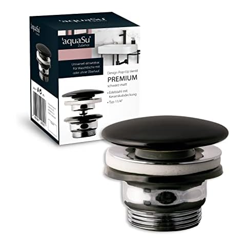 aquaSu Design pop-up valve in matt black, lockable by pressing, for sink and bidet, round, ceramic lid, standard connection: 1 1/4, diameter 70 mm, metal, 22625 7 Cover