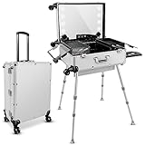 GCCSJ Aluminum Trolley Makeup Train Case with 8 LED Light 24'' Rolling Cosmetic Organizer Studio Speaker Make up Artist Studio Free Standing Box with Mirror Makeup Vanity Station for Travel (Silver)