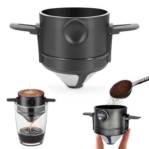 XPOOP Filtro da caffè riutilizzabile, cono in acciaio inossidabile, 1-2 tazze, manico resistente al calore, adatto alla maggior parte delle tazze, nero