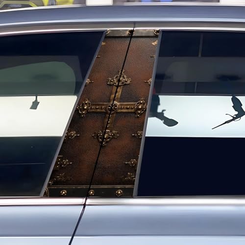 2PCS Car B-Pillar Stickers Decal Ornate Medieval Leather Door Brass Cross Rivets Gothic Fantasy Waterproof Vinyl Door Window Pillar Decals for Truck Vehicles, Sun Protection Scratch Cover