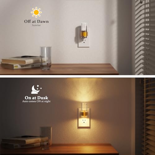Image of JandCase Night Lights Plug into Wall, Gold Night Light with 3 Colors, 2 Pack Dimmable Plug in Nightlight, Dusk to Dawn Sensor, Adjustable Brightness, 3000K /5000K /Amber for Bathroom Hallway Home Decor