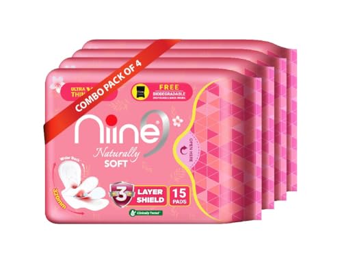 Image of NIINE Naturally Soft Ultra Thin XL+ Sanitary Napkins for Heavy Flow (Pack of 4) 60 Pads with Free Biodegradable Disposal Bags